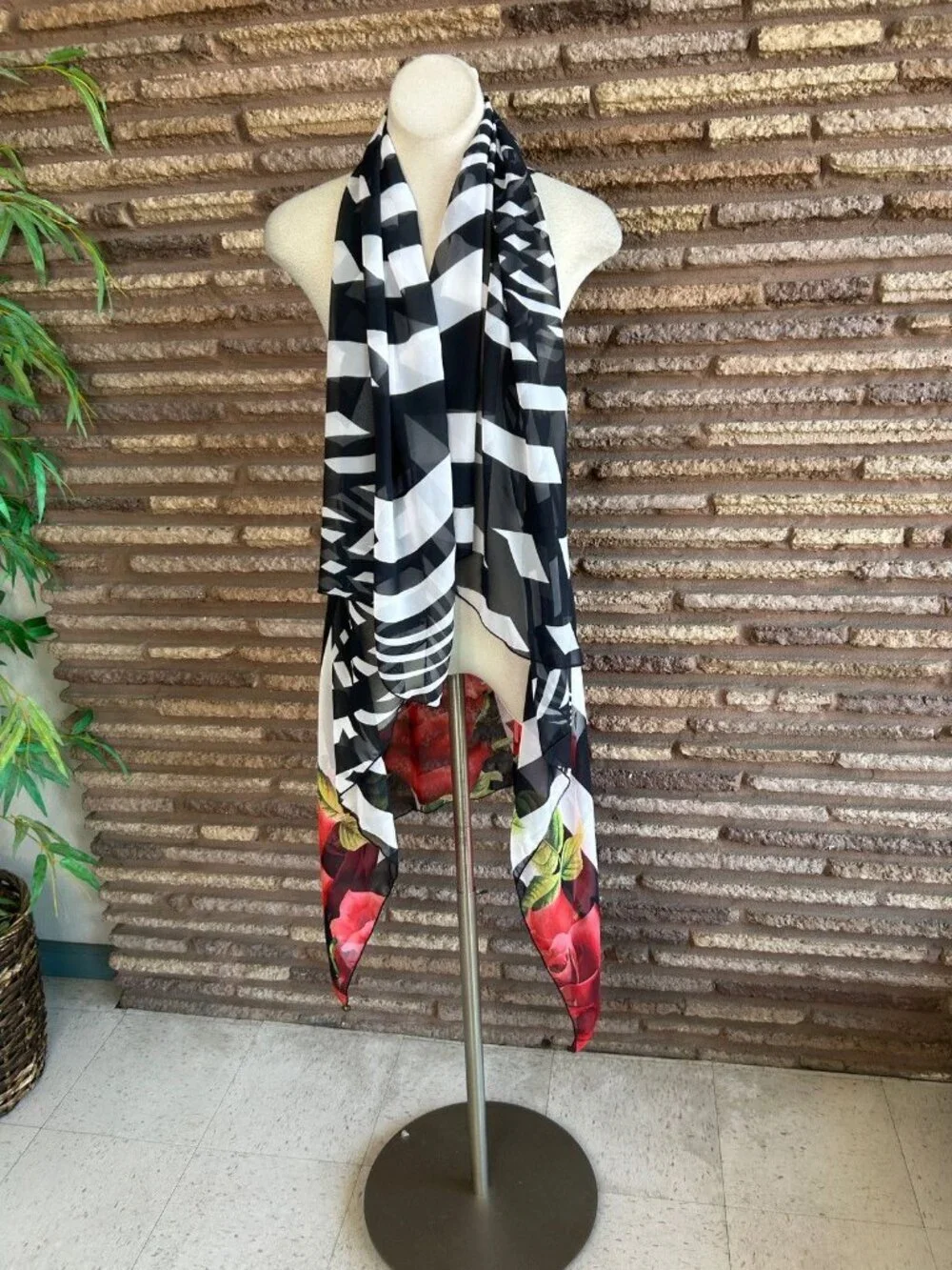 Sheer Chiffon Wrap Black White Zebra Stripes Red Rose Floral Open Drape